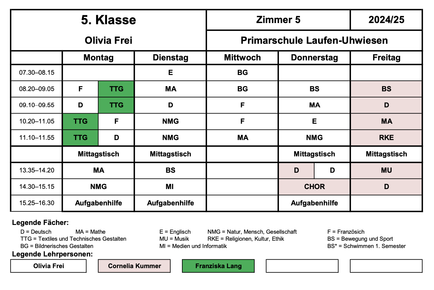 Stundenplan 5. Klasse Schuljahr 2024-2025