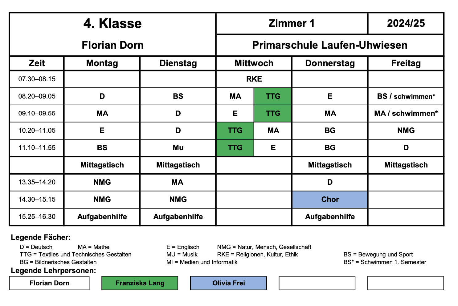 Stundenplan 4. Klasse Schuljahr 2024-2025