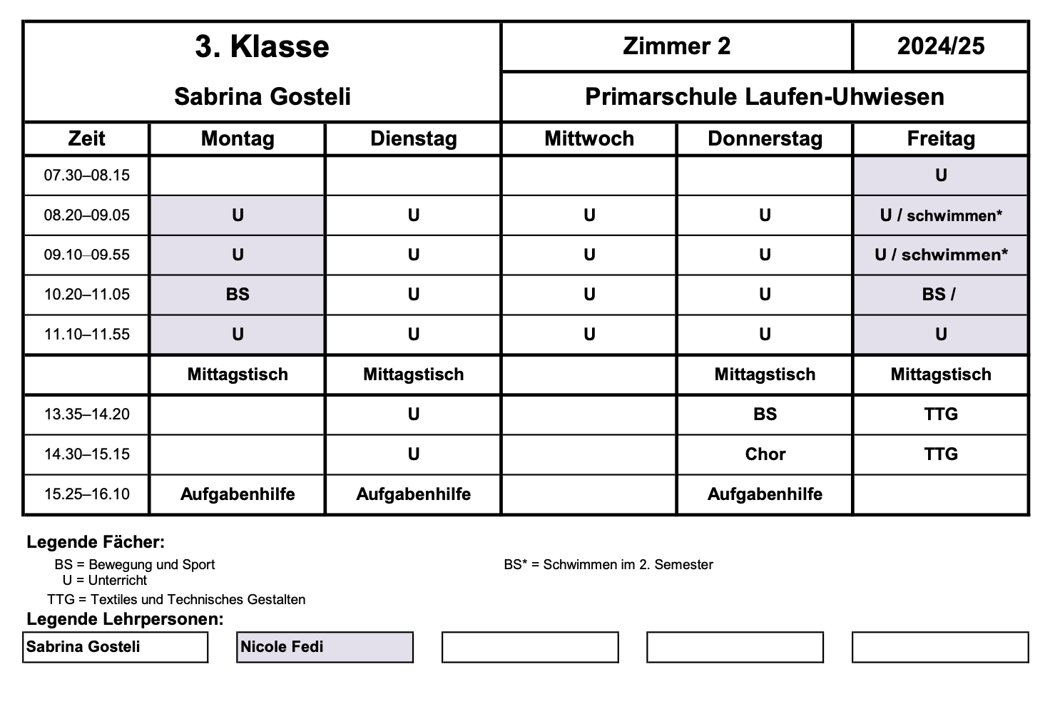 Stundenplan 3. Klasse Schuljahr 2024-2025