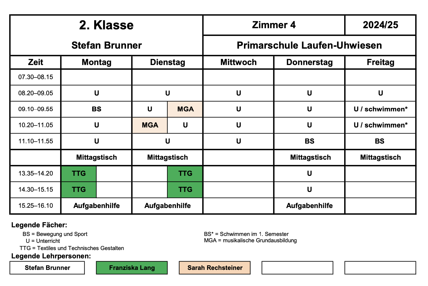 Stundenplan 2. Klasse Schuljahr 2024-2025