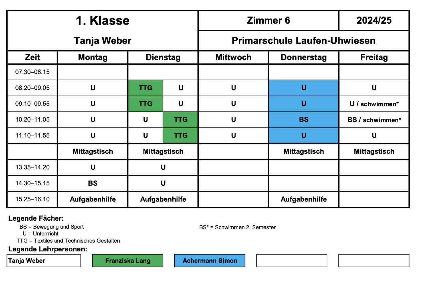 Stundenplan 1. Klasse Schuljahr 2024-2025